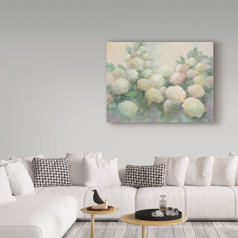 « annabelle hortensias », reproduction de peinture à l’acrylique sur toile tendue, H 14 po x l 19 po x P 2 po