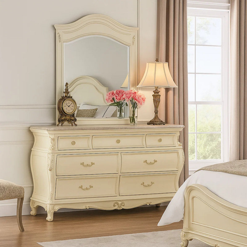 Commode Cheny 66 po, 7 tiroirs, plateau en granite, blanc perle de style baroque