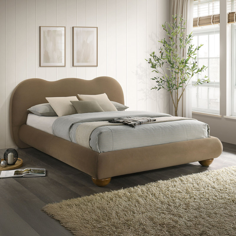 Mobilier de chambre à coucher brun avec pieds en bois rembourrés en forme de grand lit 1pc