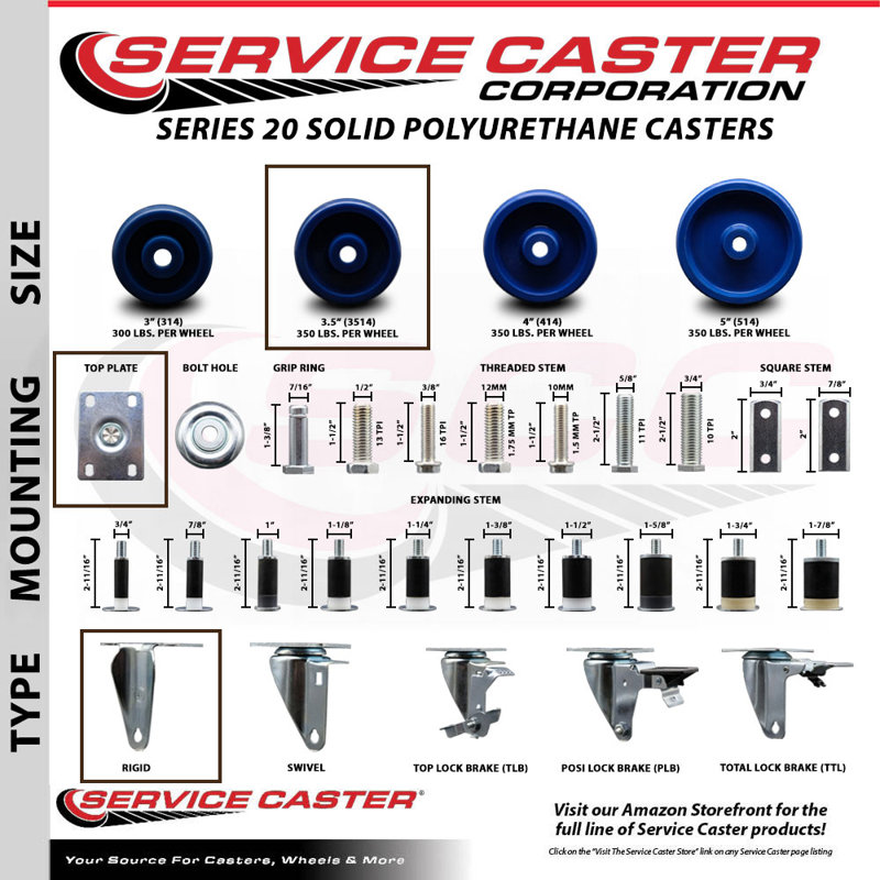 Polyurethane Caster, 3.5" H x 3.5" W x 3.5" D