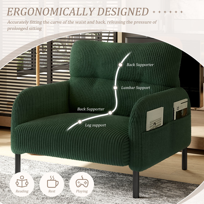 Chaise d'appoint rembourrée en velours côtelé Modern, Émeraude