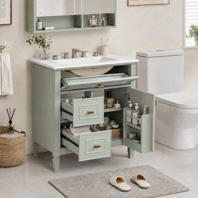 Meuble-lavabo de 30 po avec lavabo en céramique, structure et pieds en bois d'hévéa massif, tiroir coulissant et 2 tiroirs, charnières à fermeture en douceur, armoire 1 porte avec tablette réglable, vert