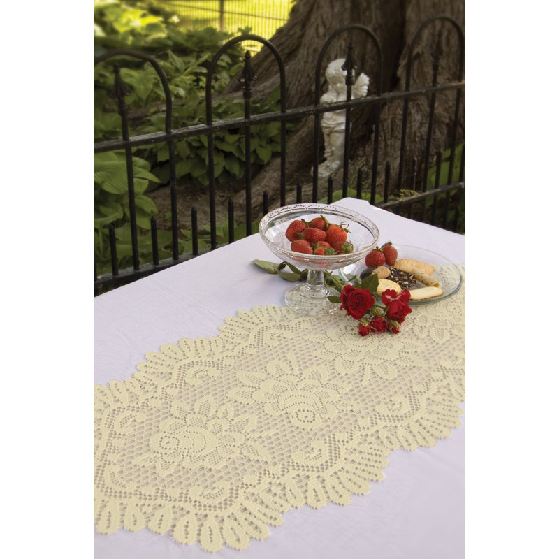 Kreider Floral Oval Table Runner, 15" W x 33" L, Ecru