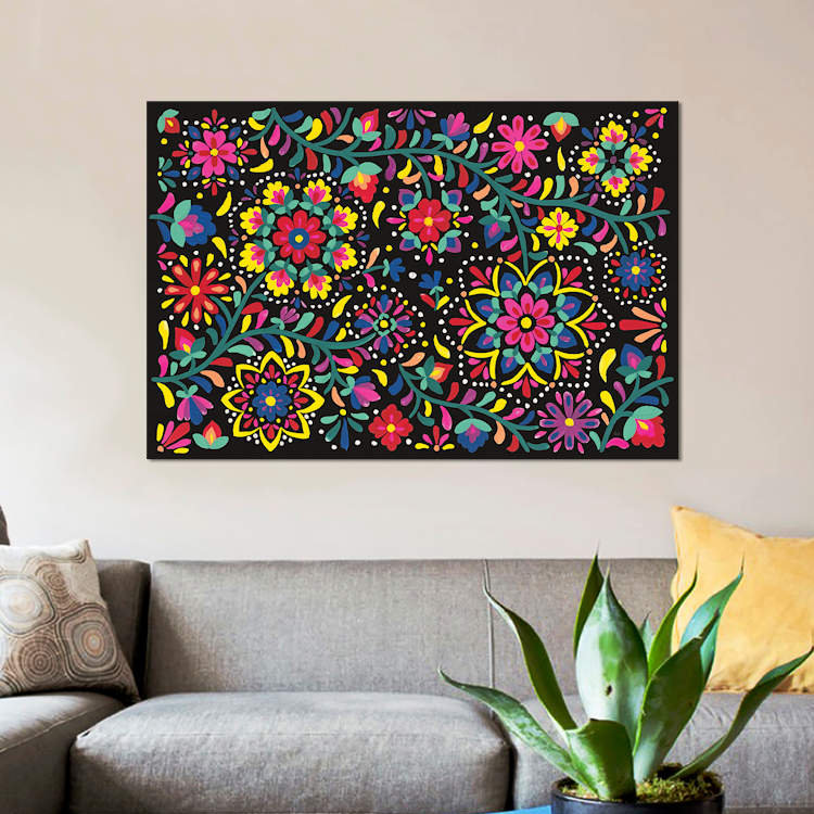 « floral fiesta i », impression sur toile, H 18 po x l 26 po x P 1,5 po, Toile tendue, Pas de tapis