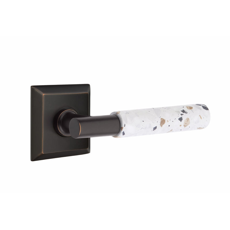 Select Round Privacy (Bed & Bath) Door Lever with Square Rosette, Oil Rubbed Bronze/Light Terrazzo, Right