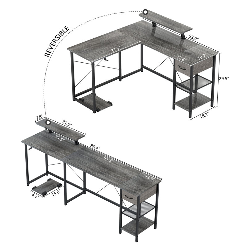 Ivanno L-Shaped Metal Base Computer Desk, Gray/Black