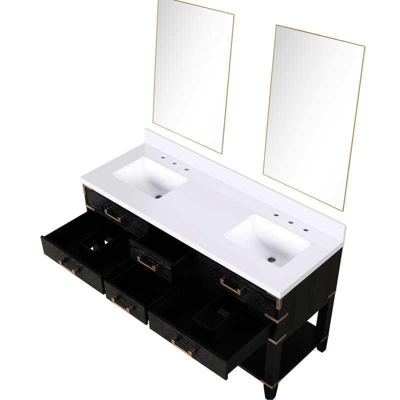 Meuble-lavabo double en chêne noir 60 po x 22 po - comptoir en quartz blanc et miroirs de 28 po à fermeture douce, quatre tiroirs et tablette ouverte pour rangement uni