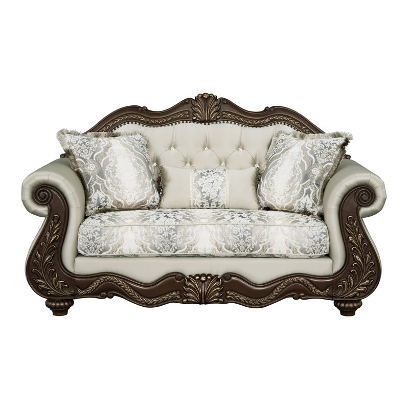 Causeuse Pierce en tissu beige et cerisier avec 3 coussins