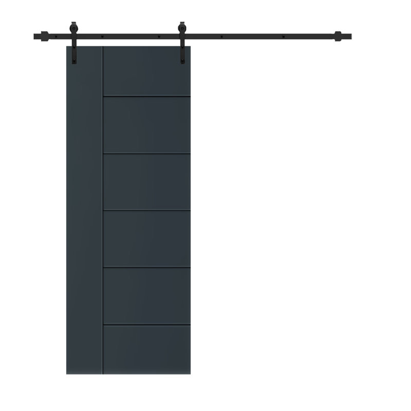 Metropolitan Panelled Dignity Blue Stained Composite Mdf Barn Door Slab With Hardware Kit, 30" x 80", Grey, Matte Black