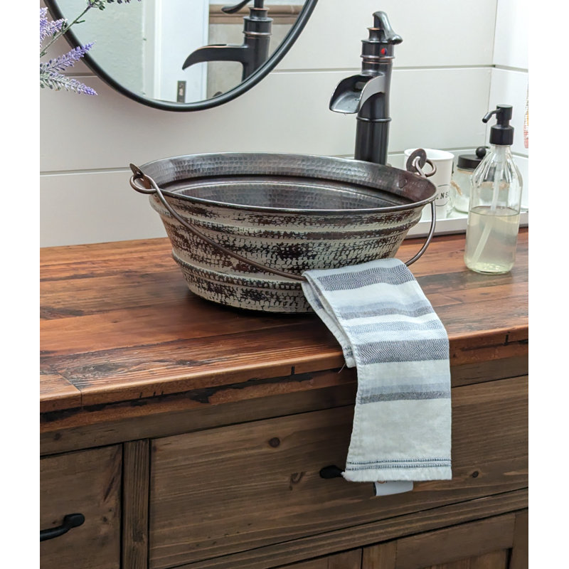 15" Vintage Bucket / Pail Copper Vessel Bathroom Sink with Weathered White Exterior Grid Drain Included