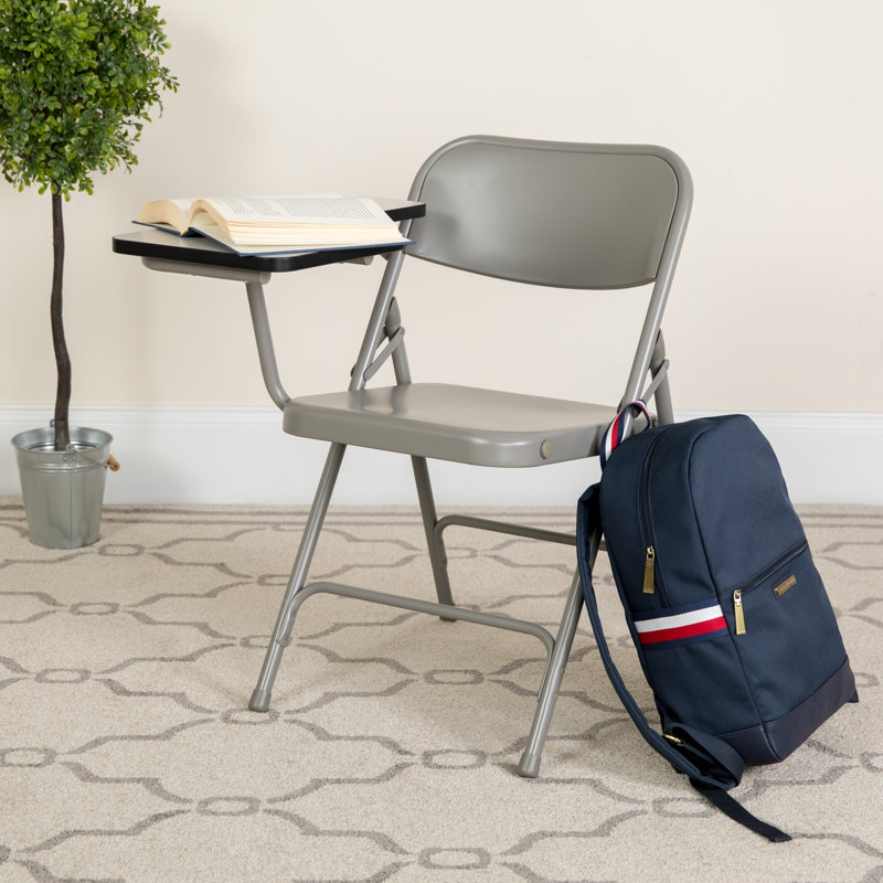 Beige and Brown Metal Folding Chair with Tablet Arm