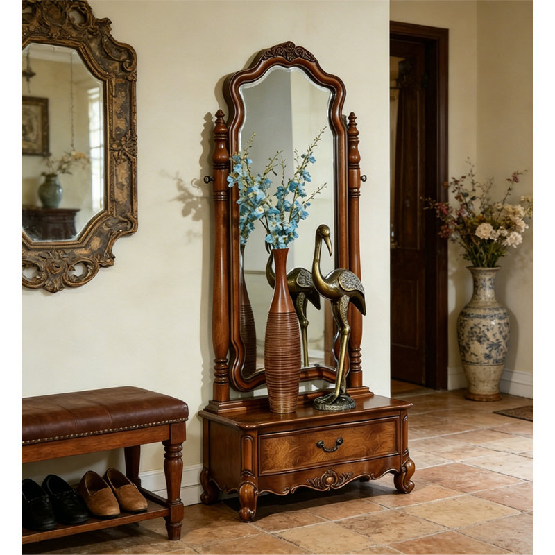 American-Style Solid Wood Dressing Mirror, Household Floor Mirror With Storage Function