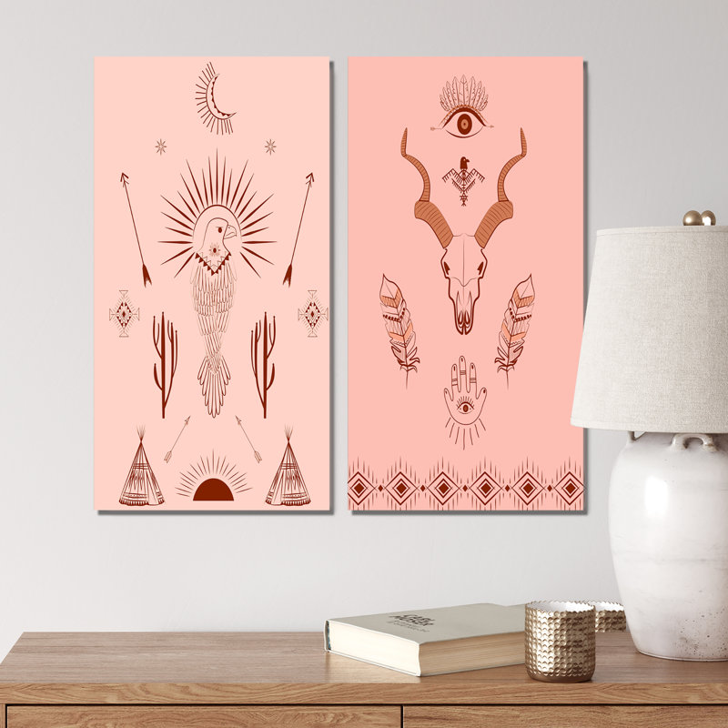 Boho Tribal Elements in Tones of Pink III - ensemble de 2 reproductions, H 20 po x l 24 po x P 1 po, Toile tendue