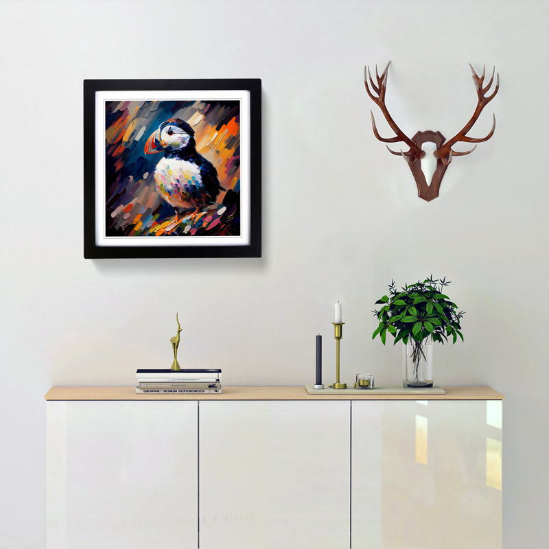 Puffin Palette Knife - Single Picture Frame Print on Wood, Black