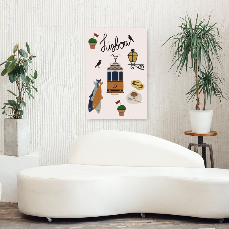Délices du tramway de Lisbonne - Affiche murale classique, abstraite et contemporaine représentant un oiseau, un poisson et une plante urbaine