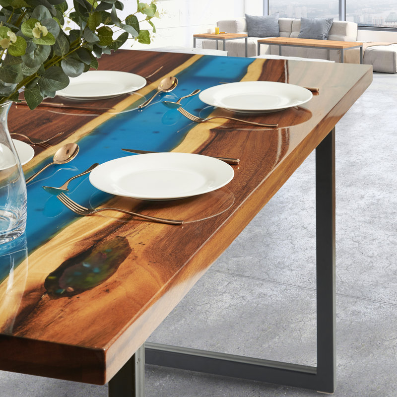 Abubacar Walnut Rectangular Wood Top Dining Table with Steel Base