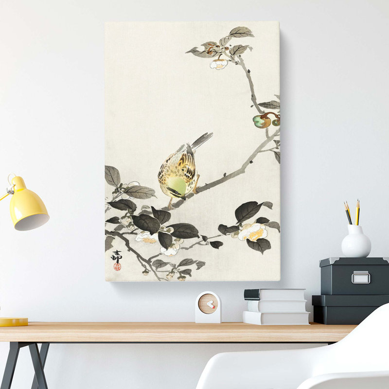 Bunting Bird On A Blossom Branch by Ohara Koson - Wrapped Canvas Painting, 60cm H x 40cm W x 3cm D