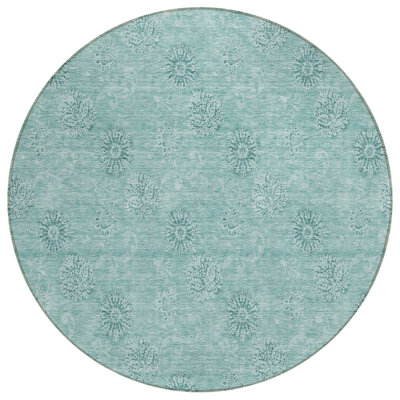 Tapis extérieur rond lavable floral bleu sarcelle et ivoire 8 pi