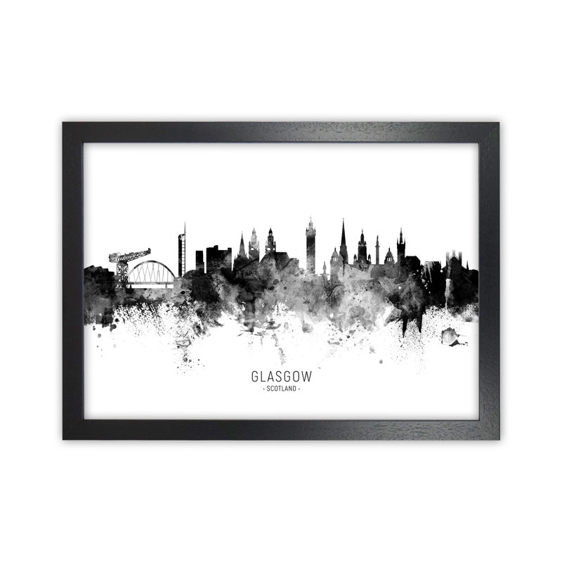 Glasgow Scotland Skyline Black White City Name by Michael Tompsett - Print, 34cm H x 46cm W x 3cm D, Black Framed