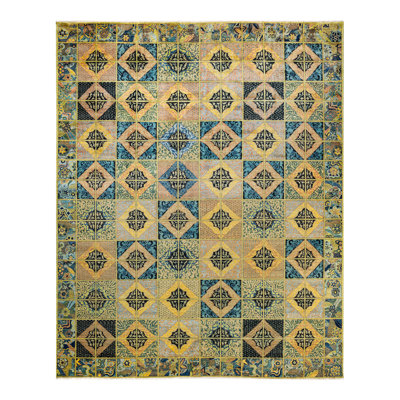 Tapis unique vert / bleu / jaune noué à la main 10 pi 6 po x 13 pi 1 po Veretta Eclectic