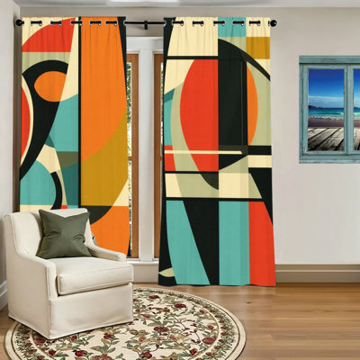 2Pcs Abstract Geometric Blackout Curtains, Modern Retro Art Panels, Light Blocking Window Drapes for Living Room, Bedroom, Kitchen, Home Decor, Wall