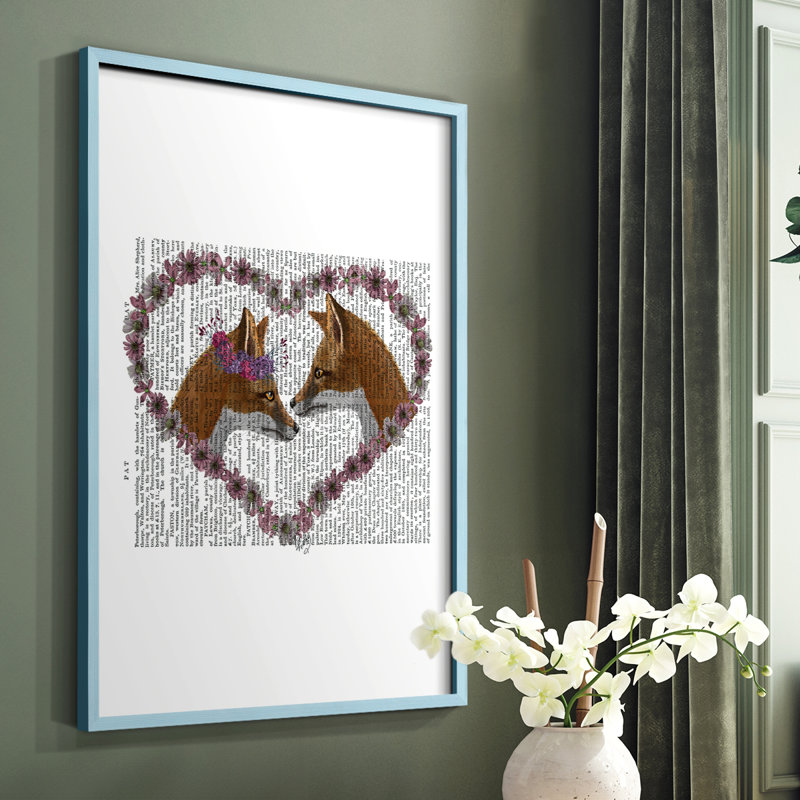 Renards en fleurs, reproduction encadrée - bois massif, Cadre simple bleu, H 10 po x l 8 po