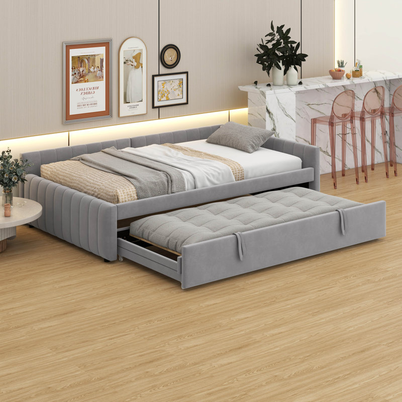 Full Size Upholstered L-Shaped Daybed – Twin Size Pop Up Trundle Included, Gray