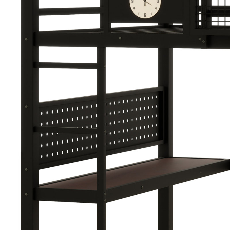 Structure de lit mezzanine fonctionnelle avec bureau, panier de rangement, horloge et port de charge