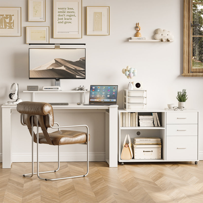 Djerf 55" L-Shaped Wood Computer Desk Multi-Functional Desk with Storage Drawers and Bottom Pulleys