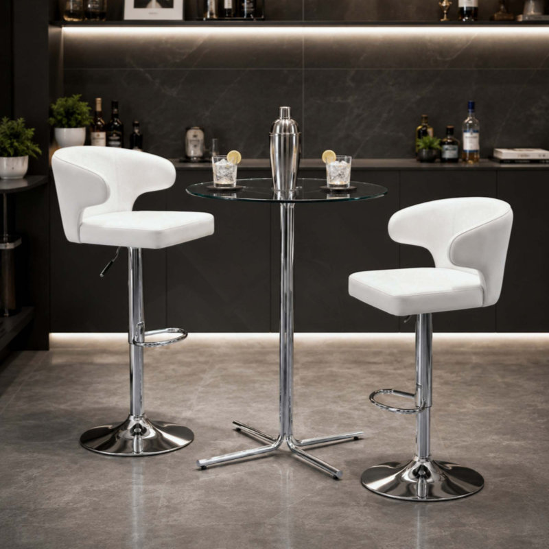 Ensemble de table de bar moderne 3 pièces avec 2 tabourets pivotants, table de pub en verre trempé de 36 po et tabourets de bar réglables en similicuir, ensemble de mobilier de bistro chromé d'une capacité de 300 lb pour la cuisine et le salon