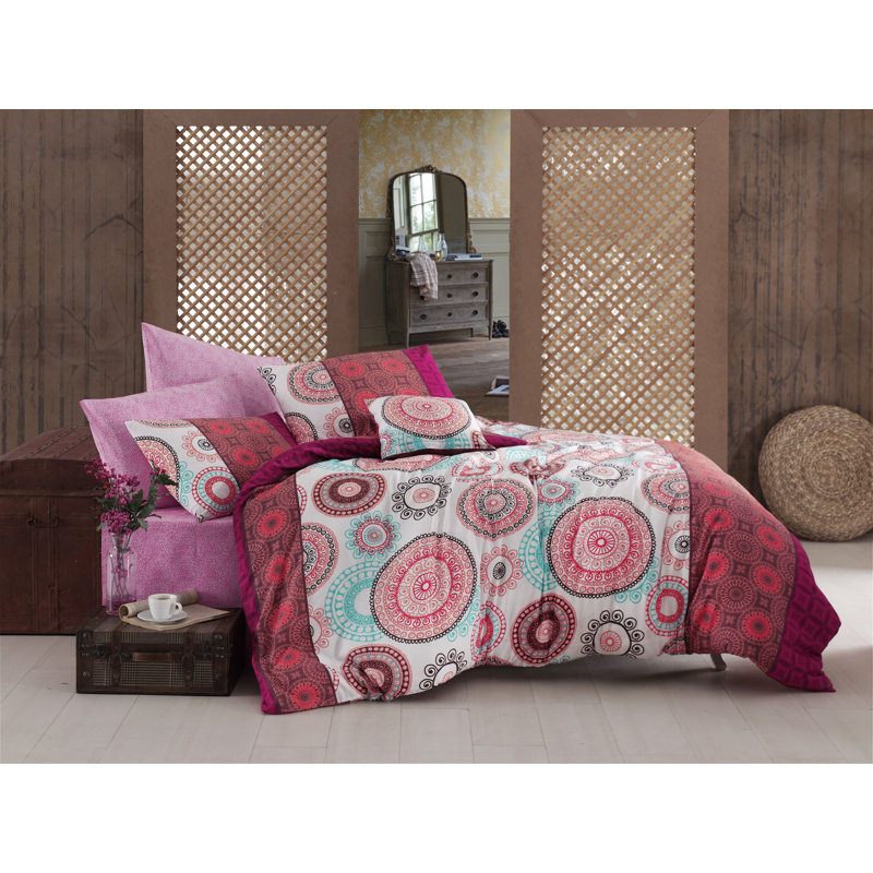 Ensemble de housse de couette en mélange de coton blanc / rose / rouge Silsbee