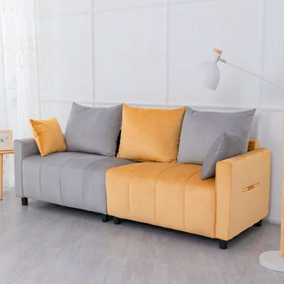 Grey & Yellow Velvet 2 Sectional, 82" Spacious Couch With Foam Filler, Living Room Basic Element Dutch Sectional In Gray Yellow, Comfortable S-shaped Spring Support, Luxury