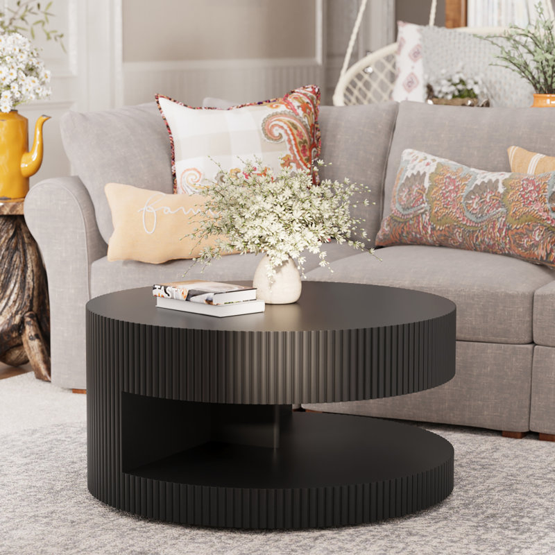 Table basse ronde de 31,5 po, table centrale moderne avec rangement, table basse à rayures verticales pour salon, chambre à coucher | Idée de cadeau