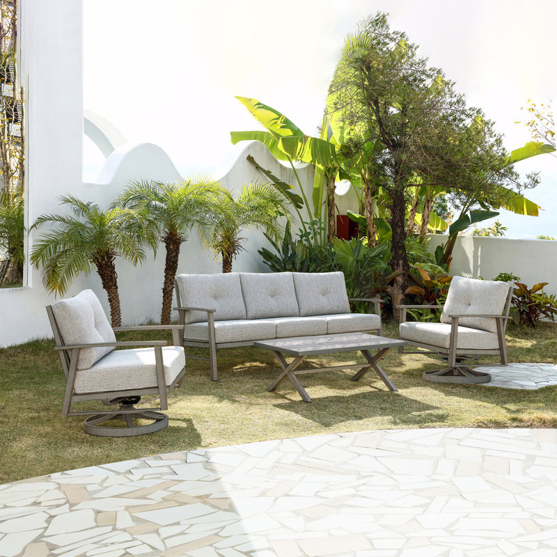 Seehill Outdoor Patio Furniture Set, 4 Pieces Aluminum Swivel Chairs Patio Conversation Set With Cushions, All Weather Outdoor Sectional Couch Sofa Set For Deck, Lawn, Poolside, Backyard, Limed Oak