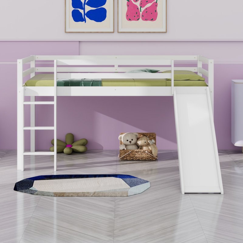 Low Loft Bed With Slide, Ladder, Safety Guardrails, White