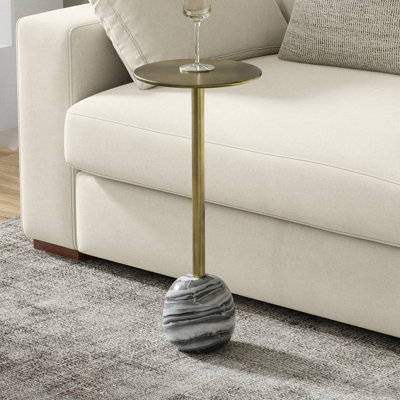 Melene 12"W Gold Metal Contemporary End Table with Round Top and Genuine Marble Base