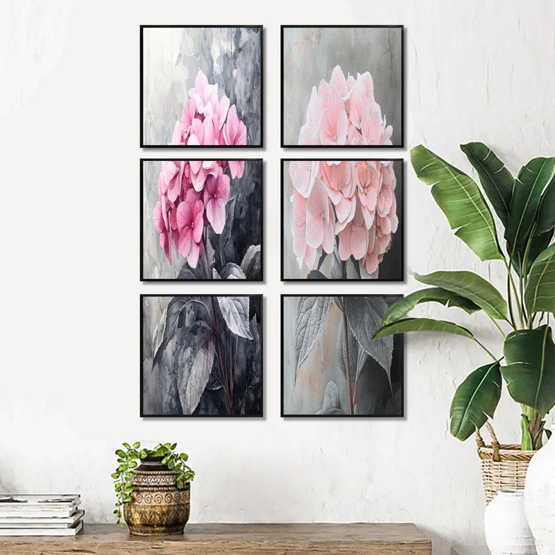 Doux hortensia rose en niveaux de gris - ensemble de 6 impressions murales florales, Impression encadrée sans passe-partout