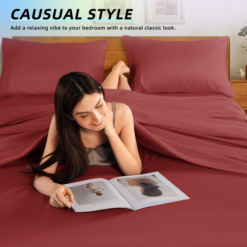 Microfiber Sheet Sets 4 Pieces, CalKing SheetSet 1FittedSheet & 2KingPillowcase, Burgundy