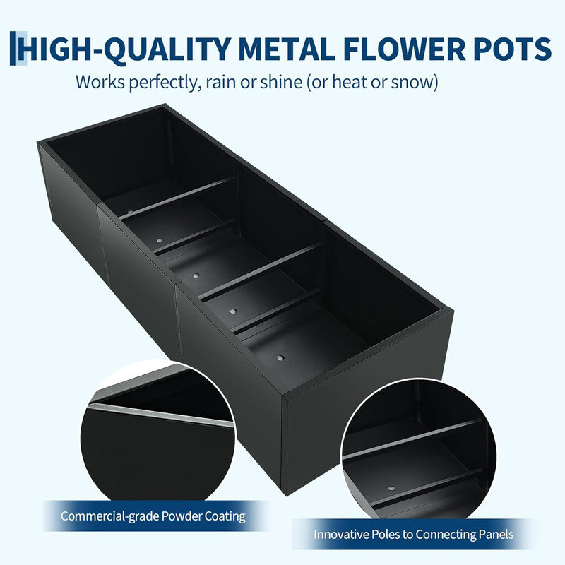 Lit de jardin surélevé moderne en acier noir, jardinière extra longue avec séparateurs amovibles, H 12 po x l 51 po x P 18 po