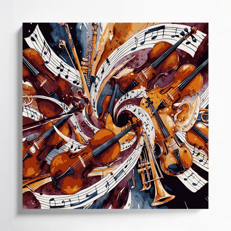 «Music», instruments de musique, toile rouge, H 16 po x l 16 po