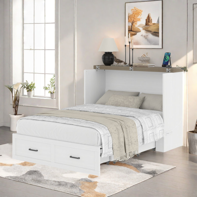 Multi-functional Foldable Murphy Bed  With Charging Station And 1 Large Storage Drawer, White, Full