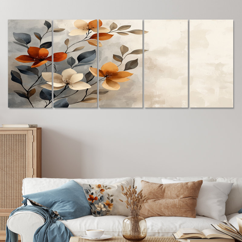 Fleurs de cerisier botanique orange gris II - ensemble de reproductions d'art mural cerisier en fleurs, H 32 po x l 80 po