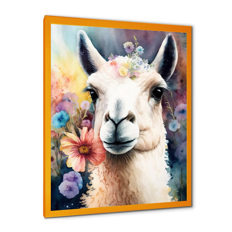 Portrait d'un lama avec des eurs, H 40 po x l 30 po x P 1,5 po, Encadrement doré