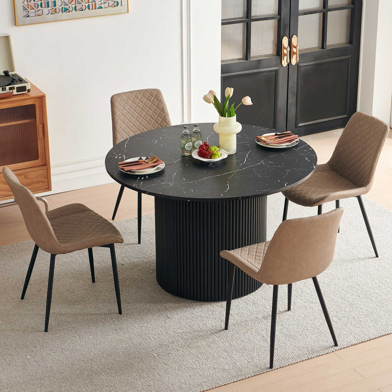 4-Person Dining Set, Black Marble, Beige