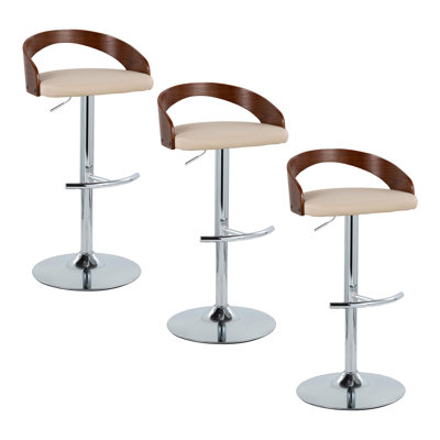 Tabouret de bar réglable avec pivot en métal chromé, bois de noyer et similicuir crème avec repose-pieds arrondi en T - ensemble de 3