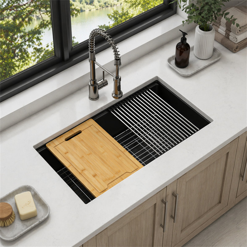 Évier de cuisine en quartz - Évier de cuisine encastrable en granit noir 33 po x 19 po x 9,65 po