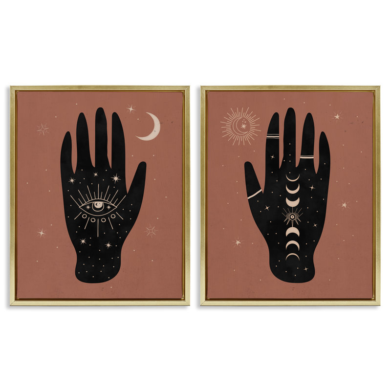  «All Seeing Mystical Hands», ensemble de 2 toiles flottantes encadrées par Nina Blue, H 21 po x l 17 po, Doré