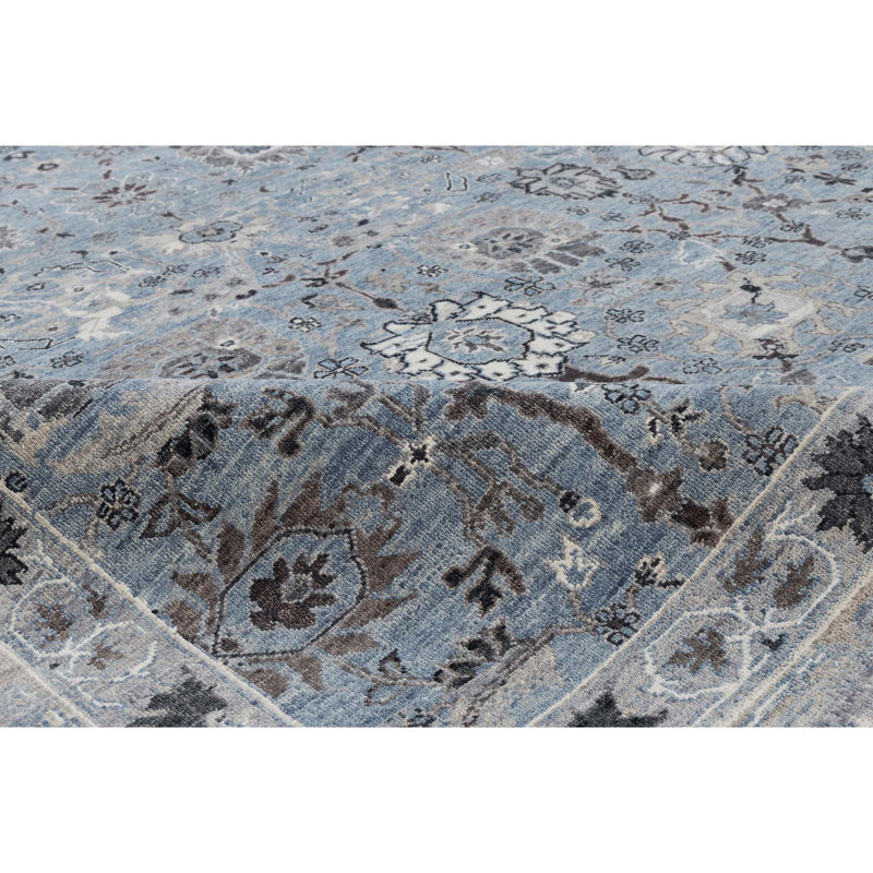 Oriental Hand-Knotted Wool Area Rug in Gray/Blue/Brown, Gray/Blue/Brown, Rectangle 6' x 9'