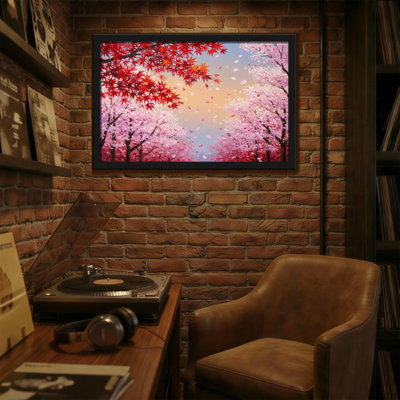 Paysage et nature cerisiers en fleurs et feuilles d'érable rouges