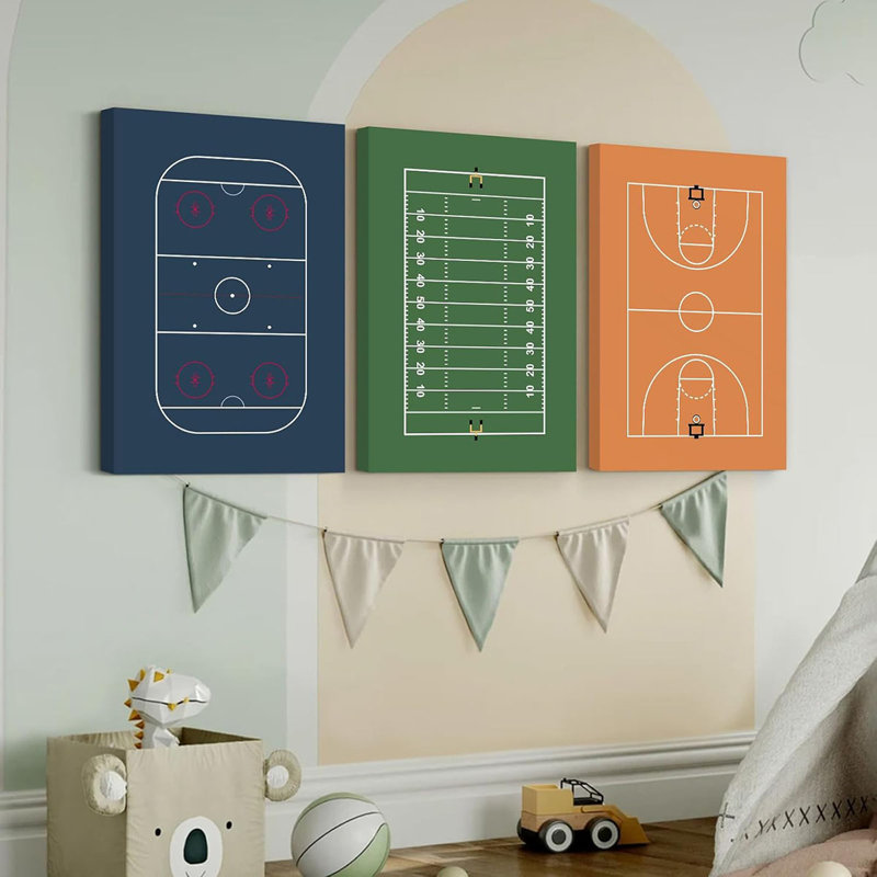 Boys Sports Wall Art Decor Nursery Kids Canvas Art Children Toddler Wall Art Basketball Boys Room Poster Sports Fields Pictures Football Painting for Bedroom Living Room 12x16x3 Inch Wrapped Canvas